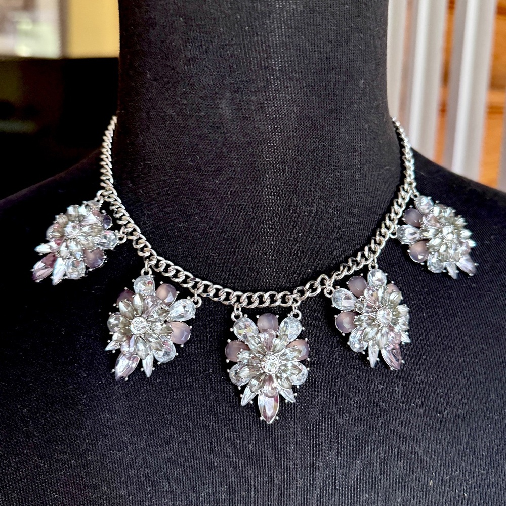 Vintage Statement Choker Rhinestone Necklace Clear Crystals Floral Bibb Silver